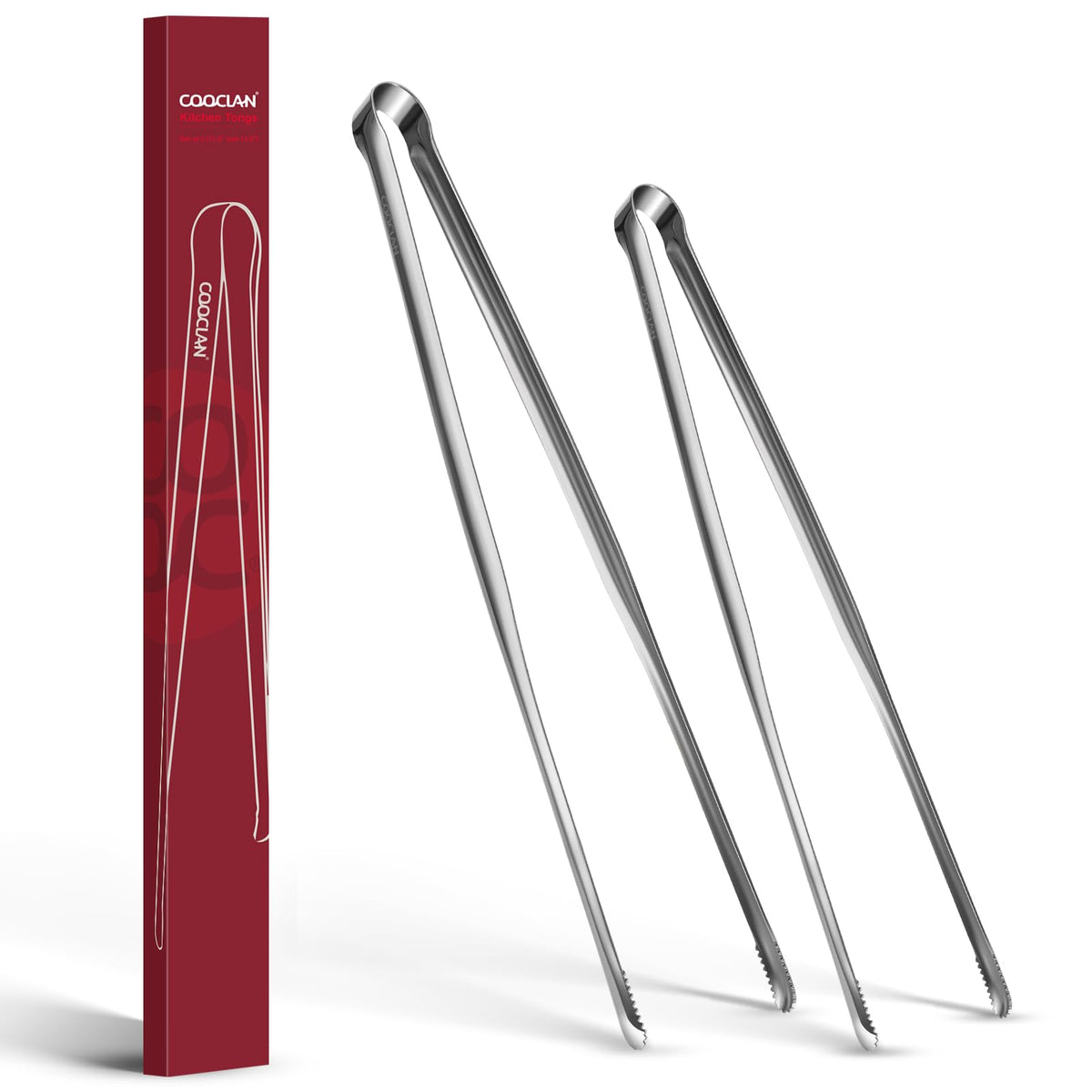 COOCLAN precision serrated tips tongs close-up gripping small foods securely.