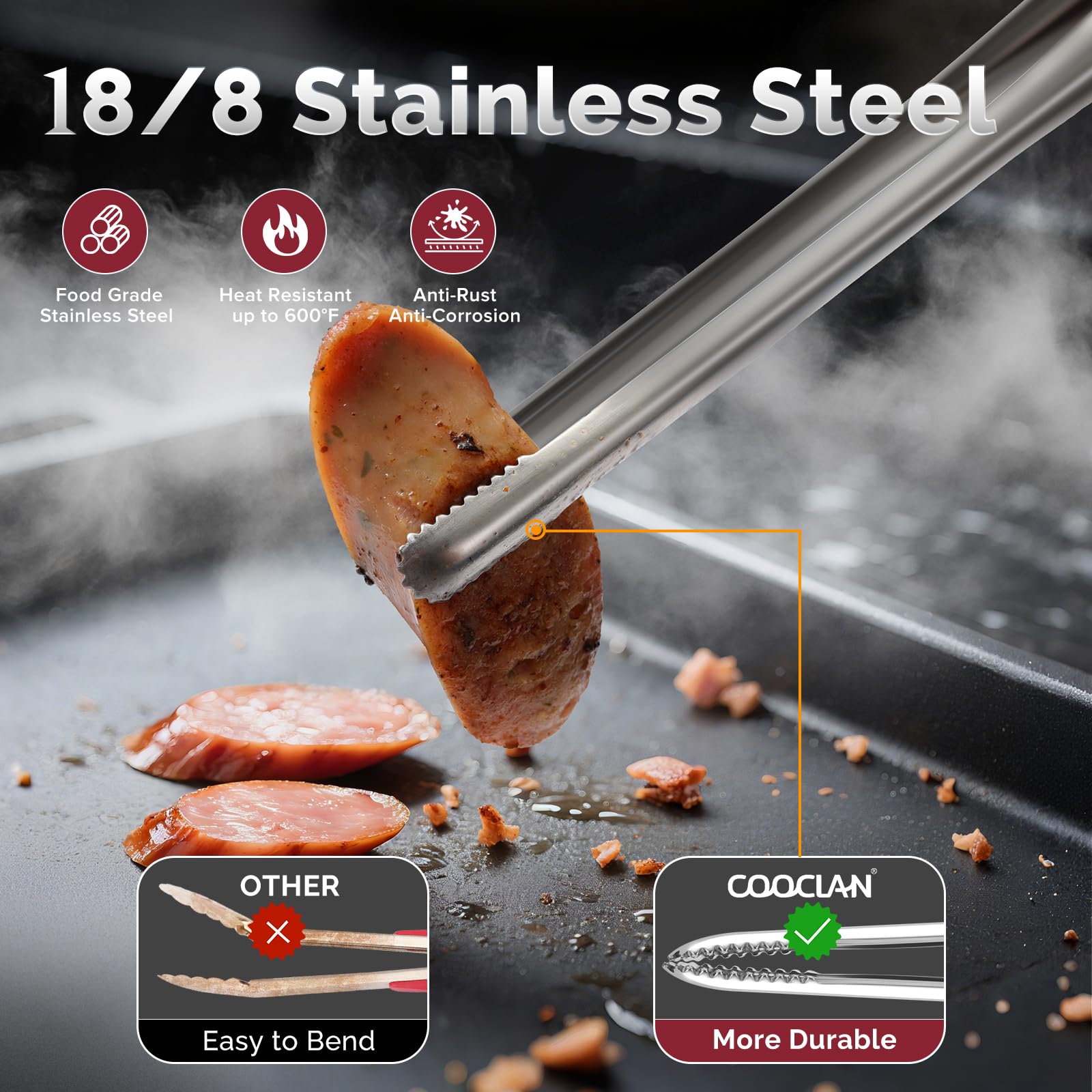 COOCLAN tongs gripping vegetables with secure bite while cooking.