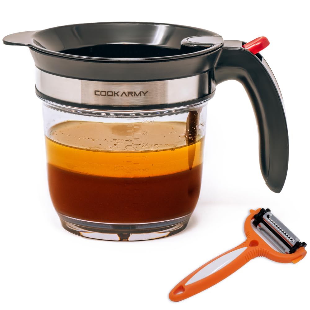 Cook Army fat separator with bottom release demonstrates quick fat removal for lighter sauces