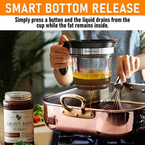 Cook Army oil separator with measuring marks for precise portions and simple cleanup