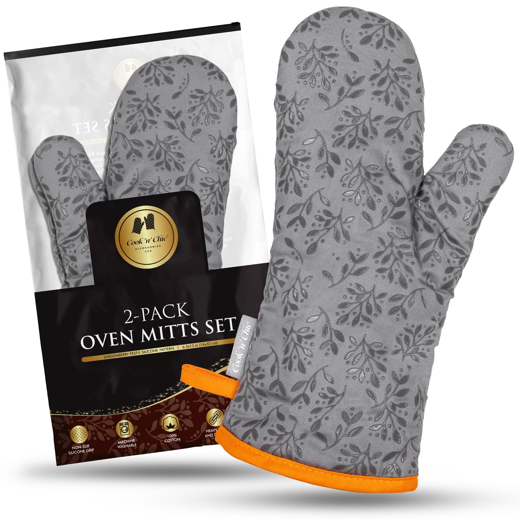 COOK 'N' CHIC premium oven mitt gray front view showing heat-resistant silicone surface