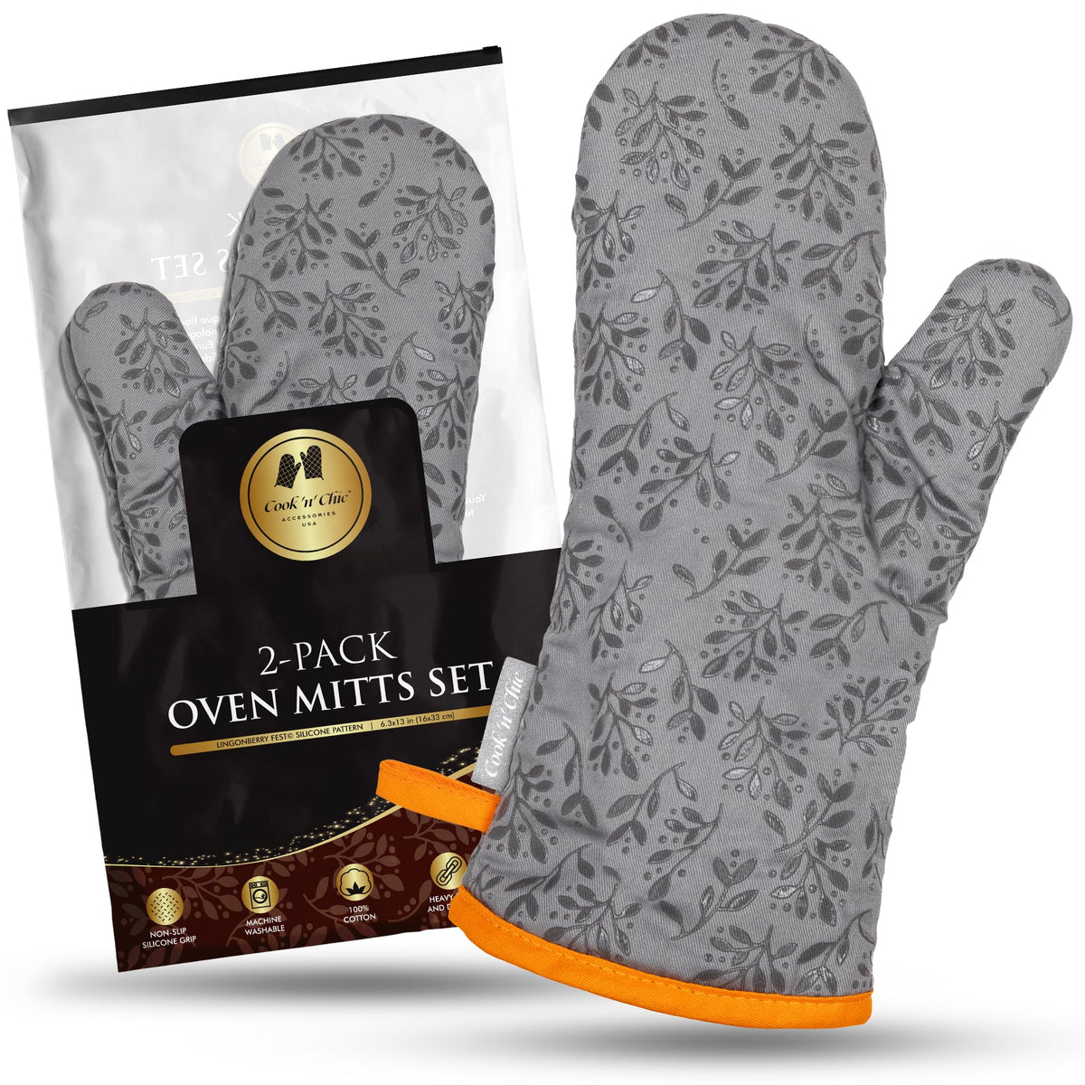 COOK 'N' CHIC premium oven mitt gray front view showing heat-resistant silicone surface