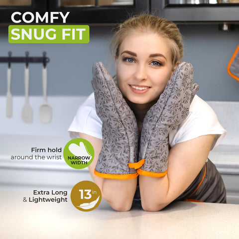 COOK 'N' CHIC premium oven mitt gray thumb detail highlights extended sleeve for extra protection