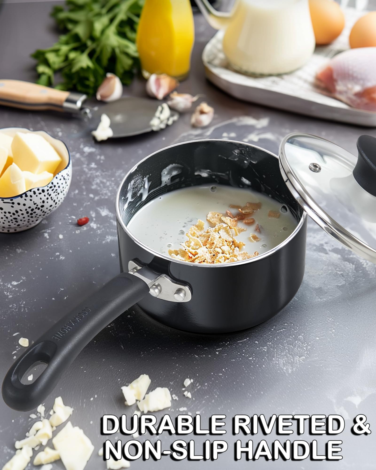 Tempered glass lid with steam vent on Cook N Home 2Qt saucepan