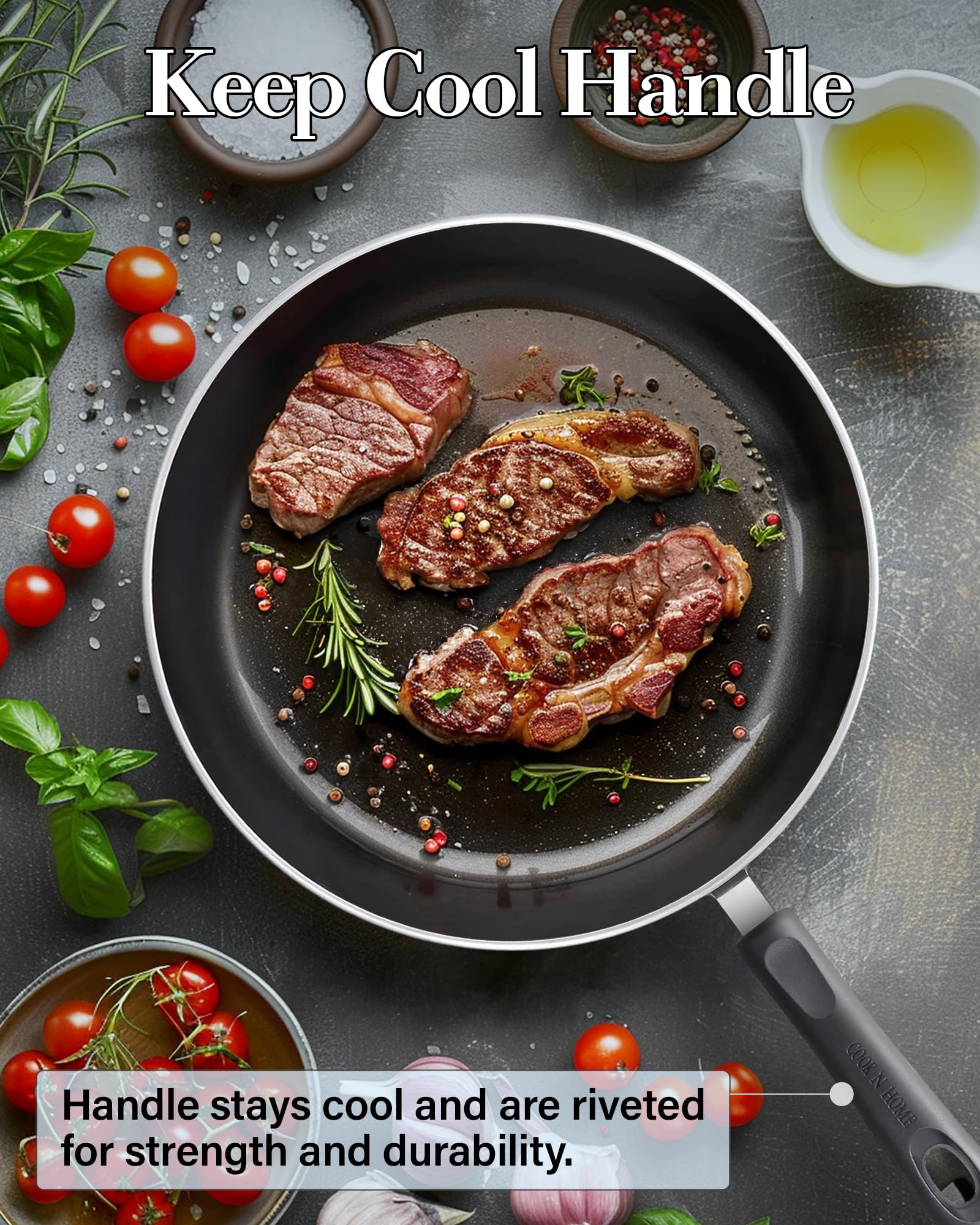Cook N Home ergonomic riveted-handle turquoise pan stays cool while cooking
