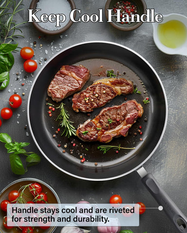 Cook N Home ergonomic riveted-handle turquoise pan stays cool while cooking