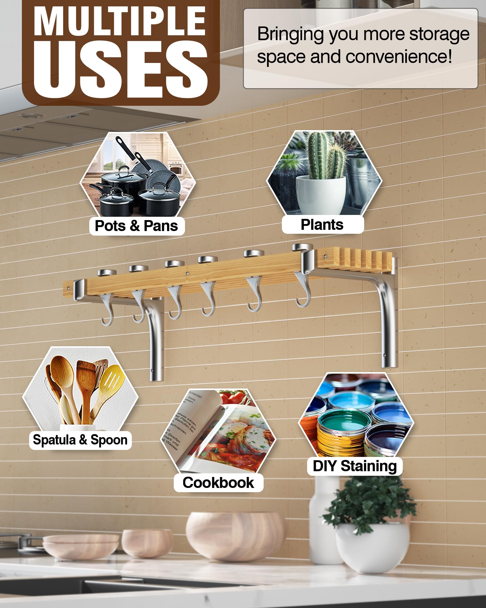 Versatile kitchen organizer that frees cabinet space by hanging pots and pans