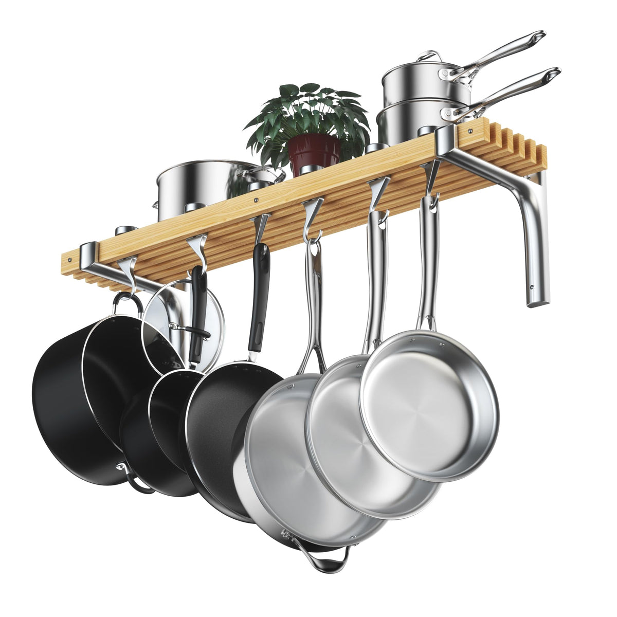 Cooks Standard wall-mounted pot rack with pine tracks for organized storage