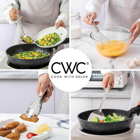 COOK WITH COLOR 10-piece utensil set tongs for turning and serving hot foods.