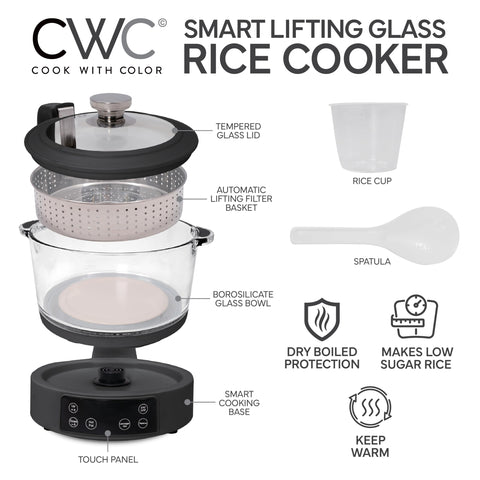 COOK WITH COLOR auto-lifting basket isolates rice from starch for cleaner cooking.