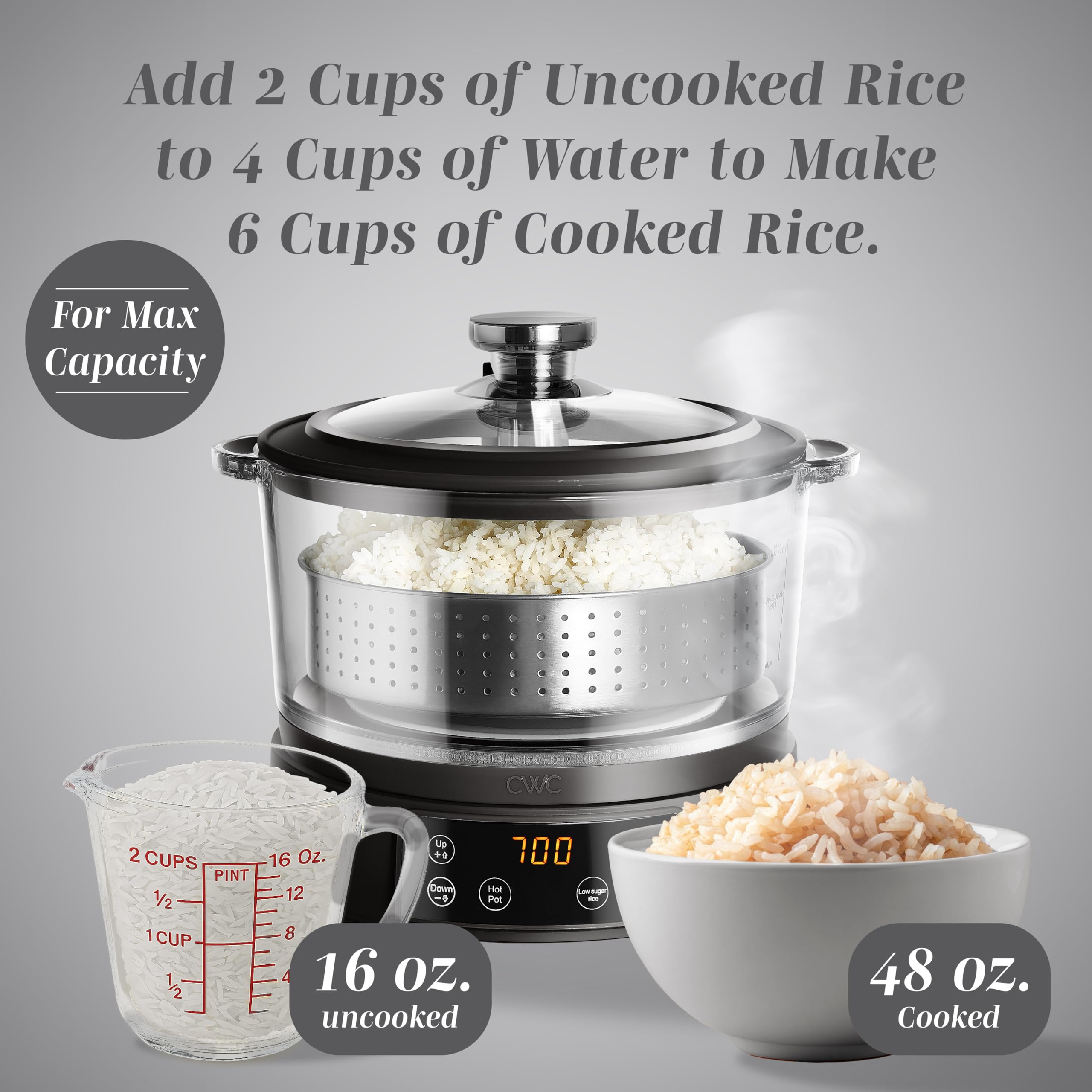 COOK WITH COLOR versatile cooker for steaming, braising, and keeping warm.