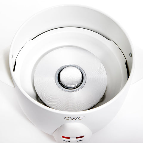 COOK WITH COLOR 6-Cup Rice Cooker steaming rice and ready-to-serve bowls