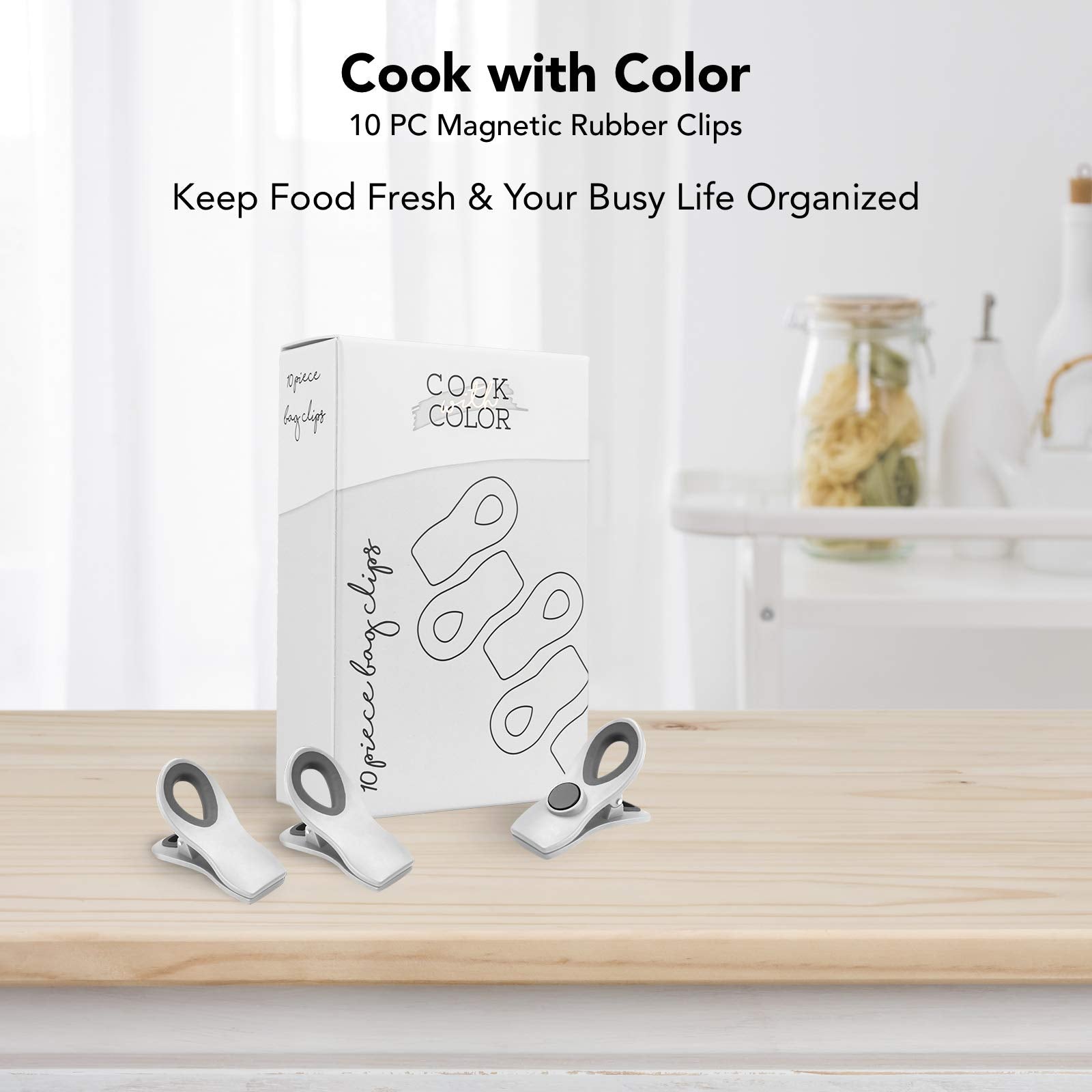 Cook with Color bag clip soft-touch rubber; white clip provides comfortable grip for resealing