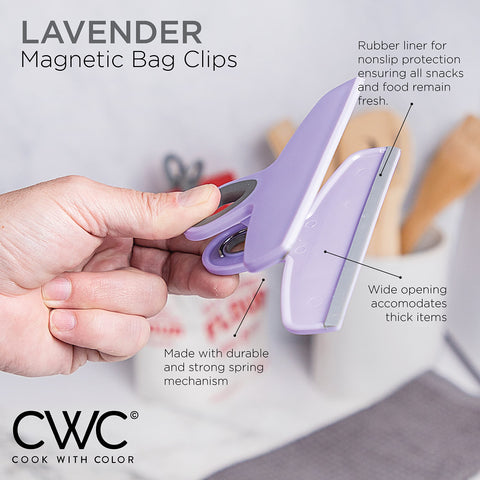 Cook With Color Lavender bag clips fridge magnets shown for handy fridge storage