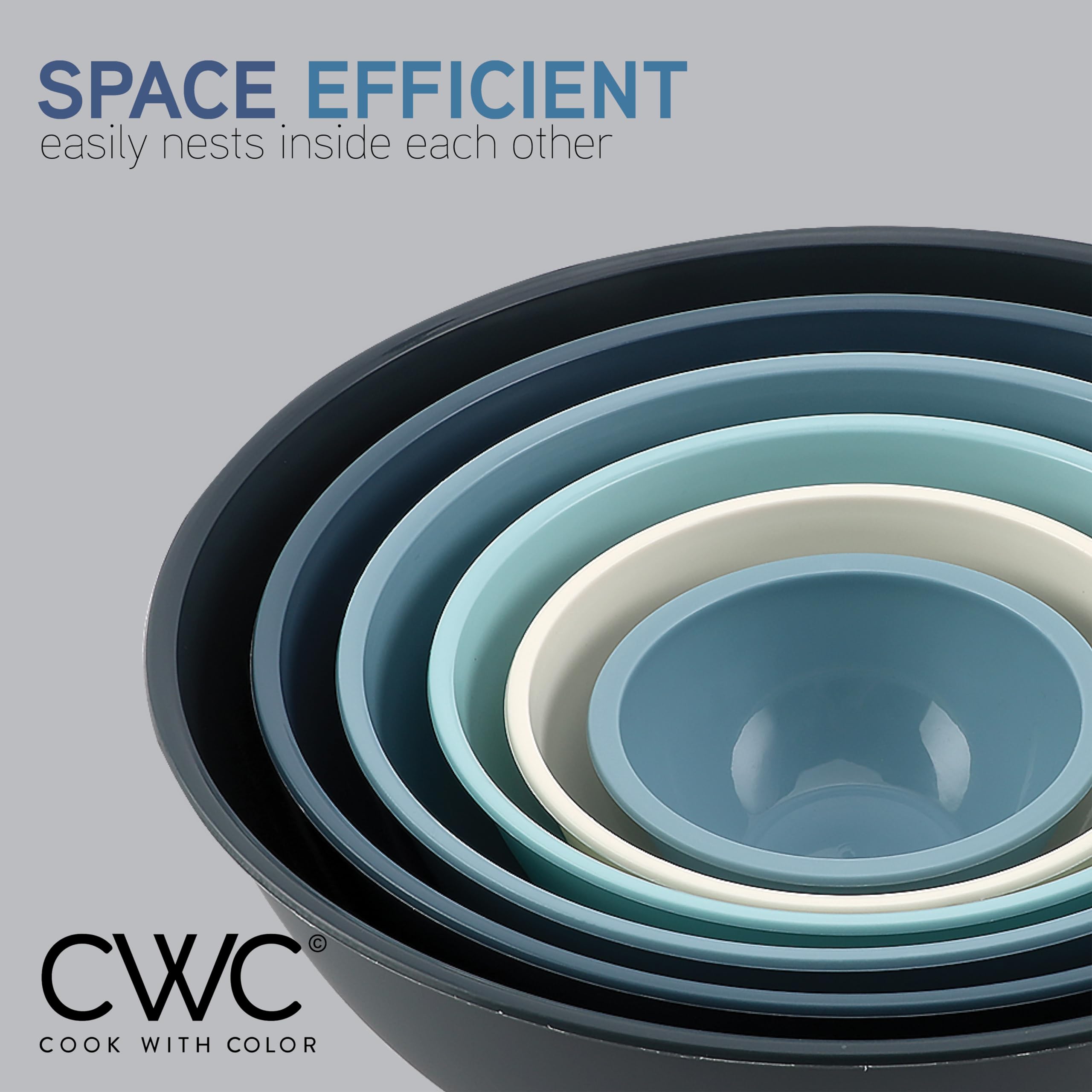 COOK WITH COLOR blue kichen bowls shown in a tidy prep station