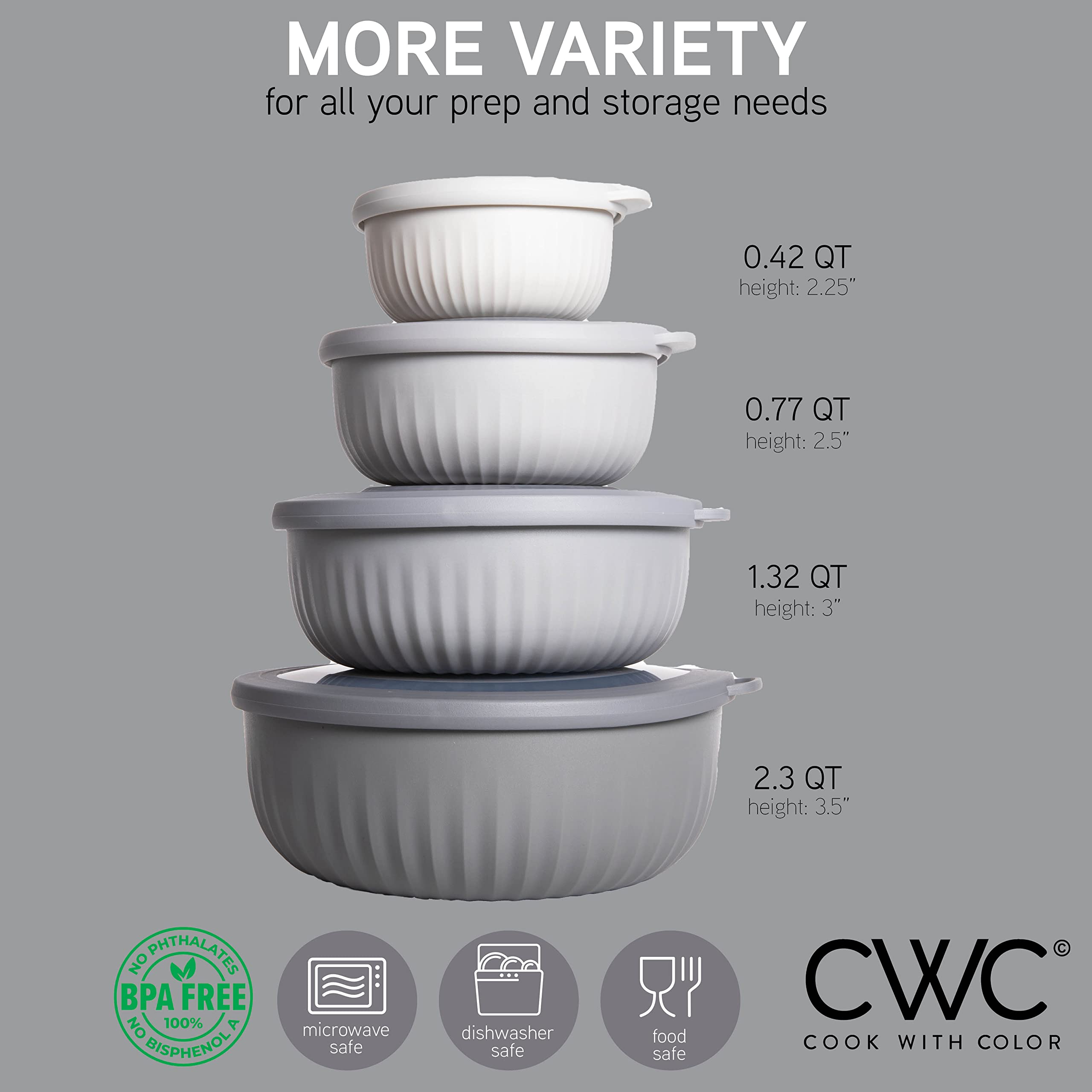 COOK WITH COLOR bowls with lids shown nesting for space-saving storage.