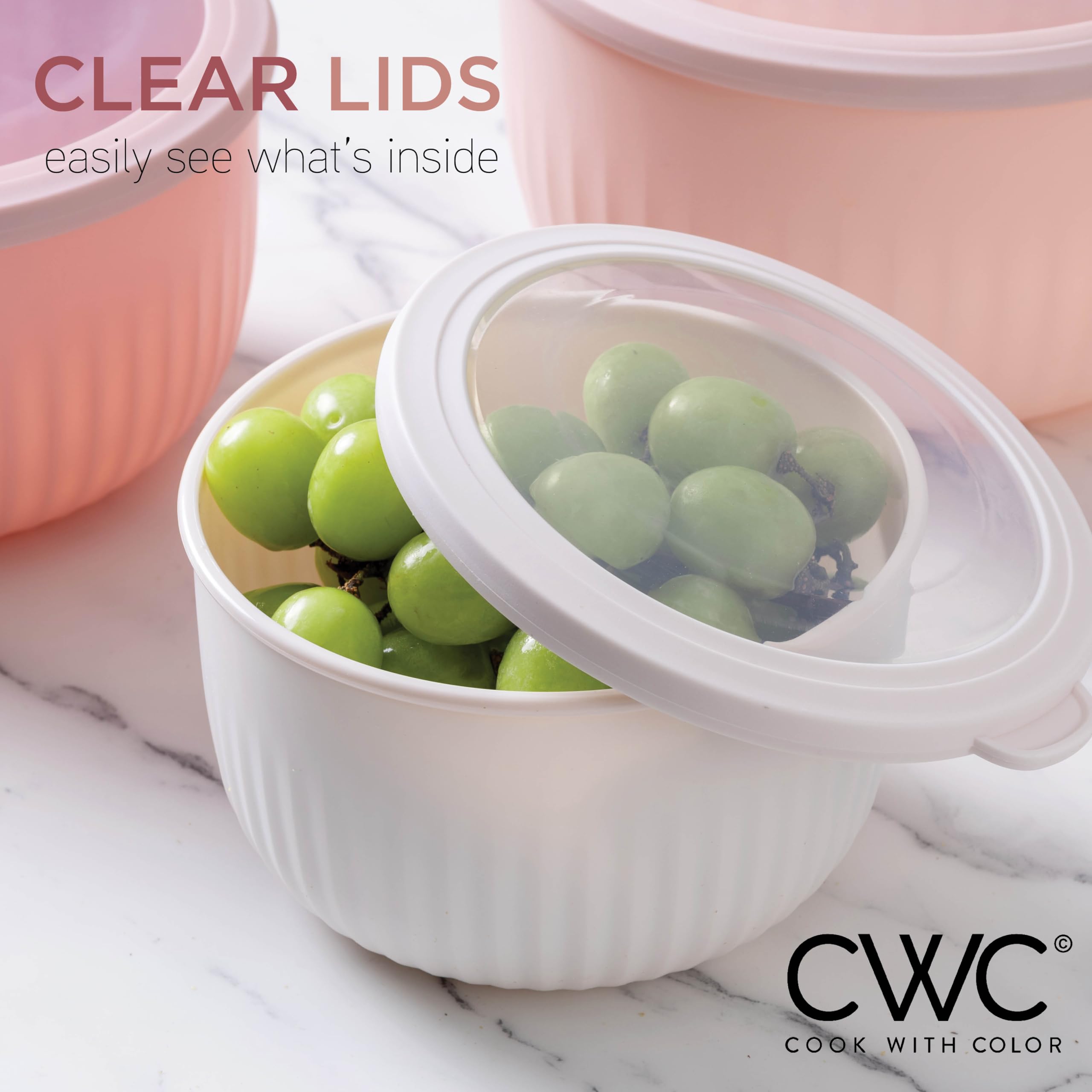 COOK WITH COLOR lids with clear tops show contents at a glance.