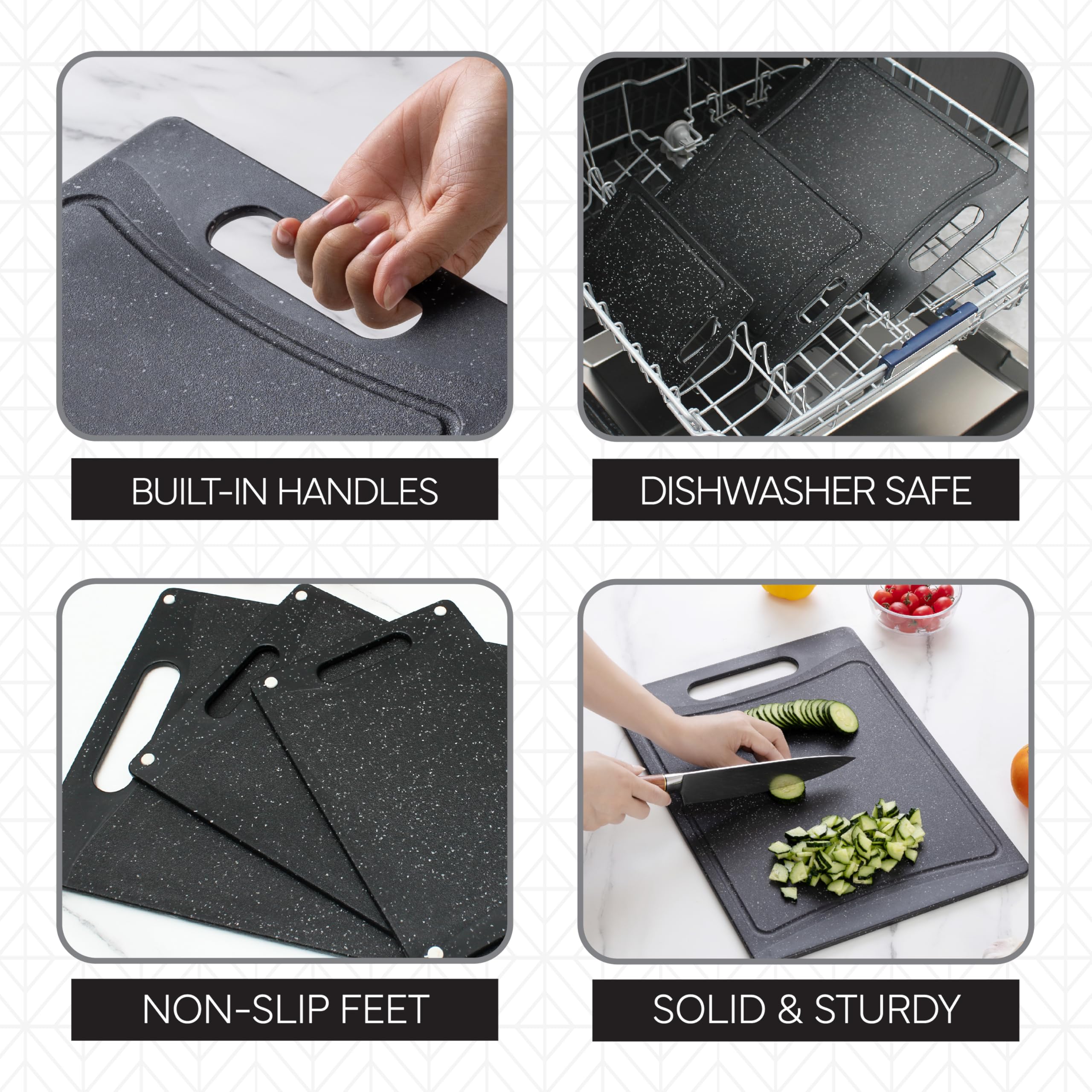 Cook with Color board featuring easy grip handle for carrying.