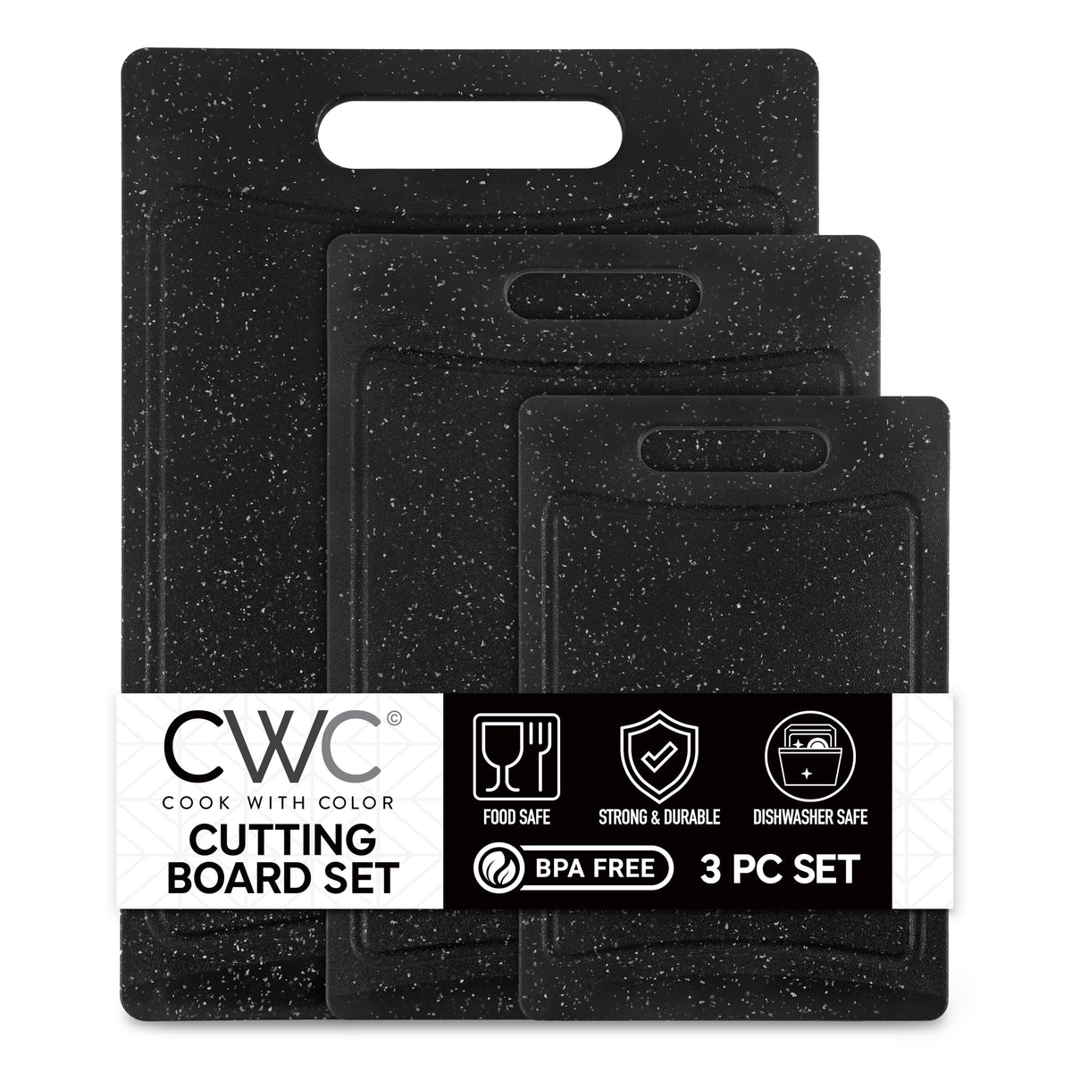 Cook with Color large speckled black cutting board ready for meat prep.