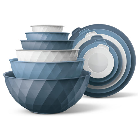 COOK WITH COLOR denim mixing bowls collection showing nesting for organized prep.