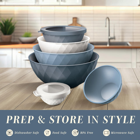 COOK WITH COLOR denim mixing bowls with lids demonstrating secure storage and transport.