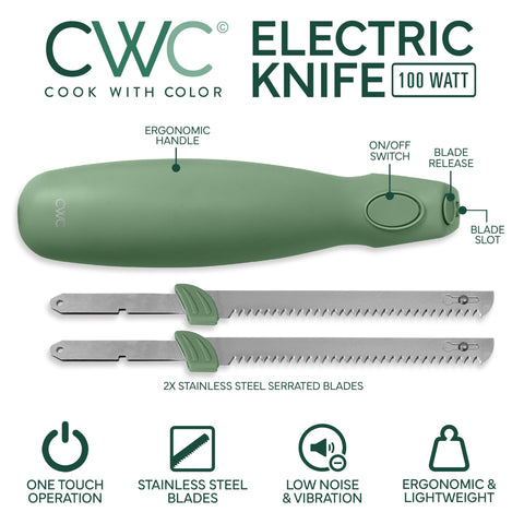 COOK WITH COLOR Electric Knife with dual blades ready for precise cuts.