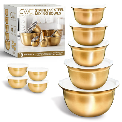 Cook With Color gold-toned finish adds elegant kitchen display.