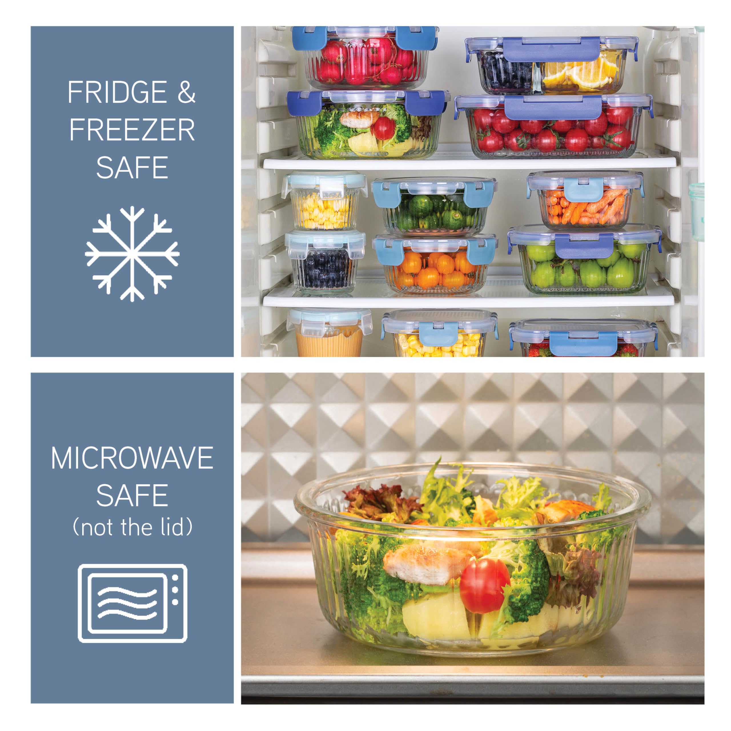 COOK WITH COLOR glass divider container keeps foods separate for balanced meals.