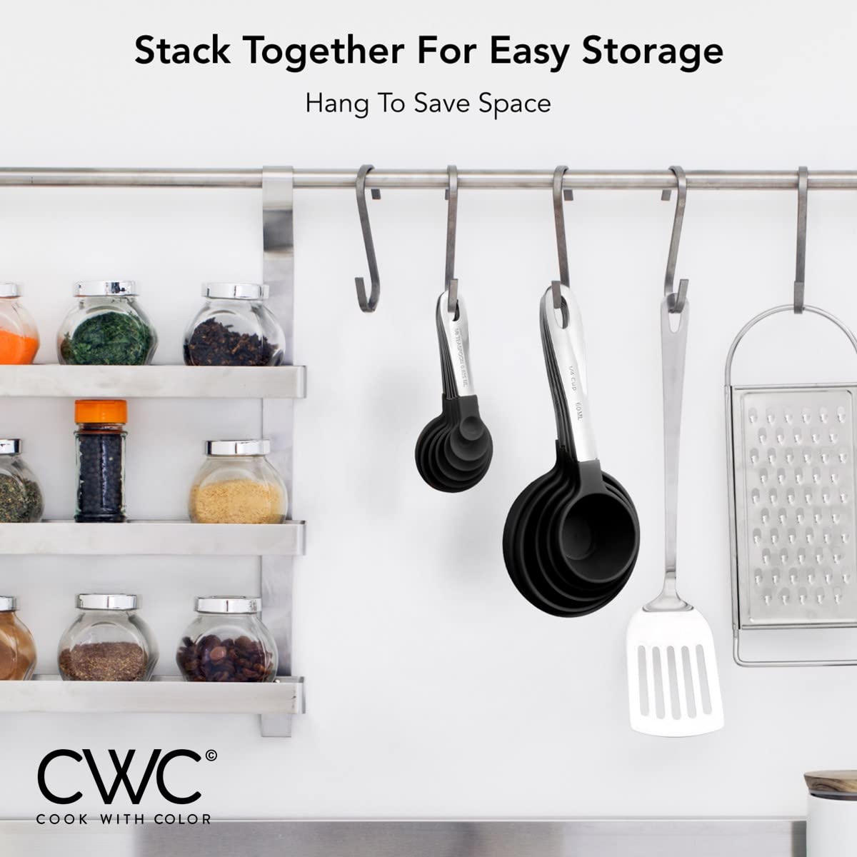 Cook with Color measuring spoons set displayed for quick, precise seasoning in recipes.