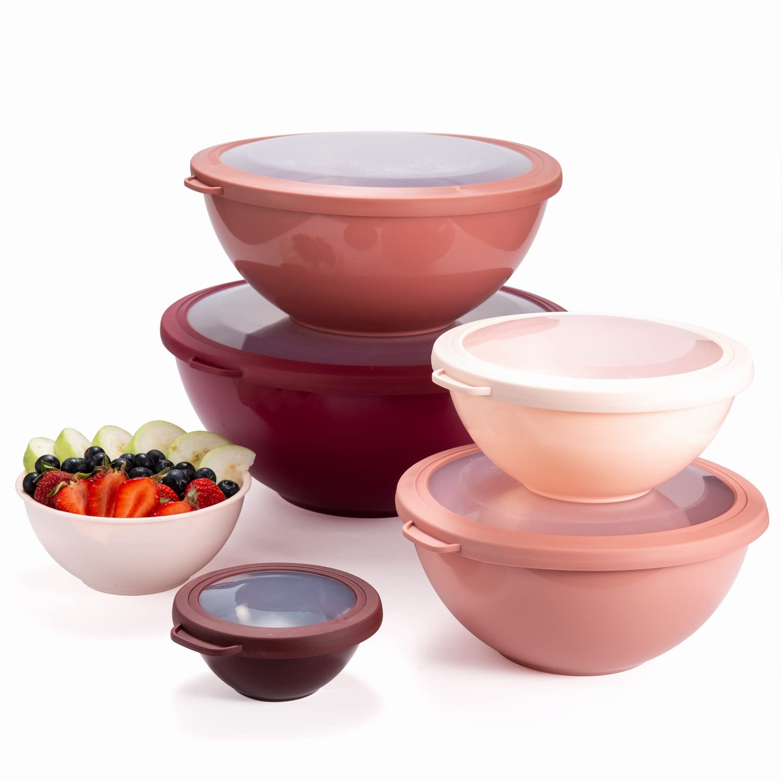 Cook With Color rose bowls brighten the countertop while keeping prep organized.