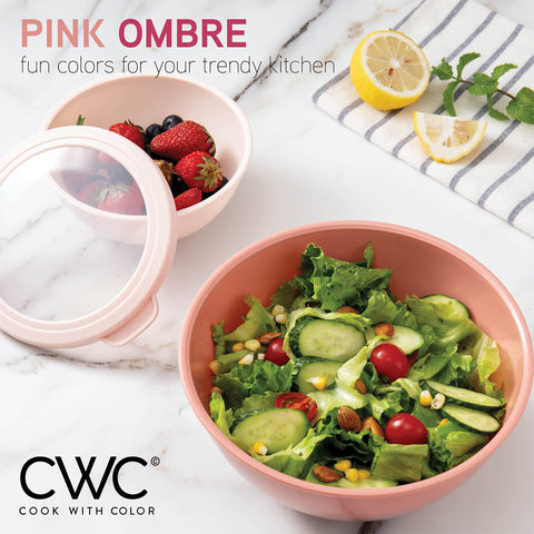 Cook With Color rose lids seal bowls tightly for fridge storage and spill prevention.