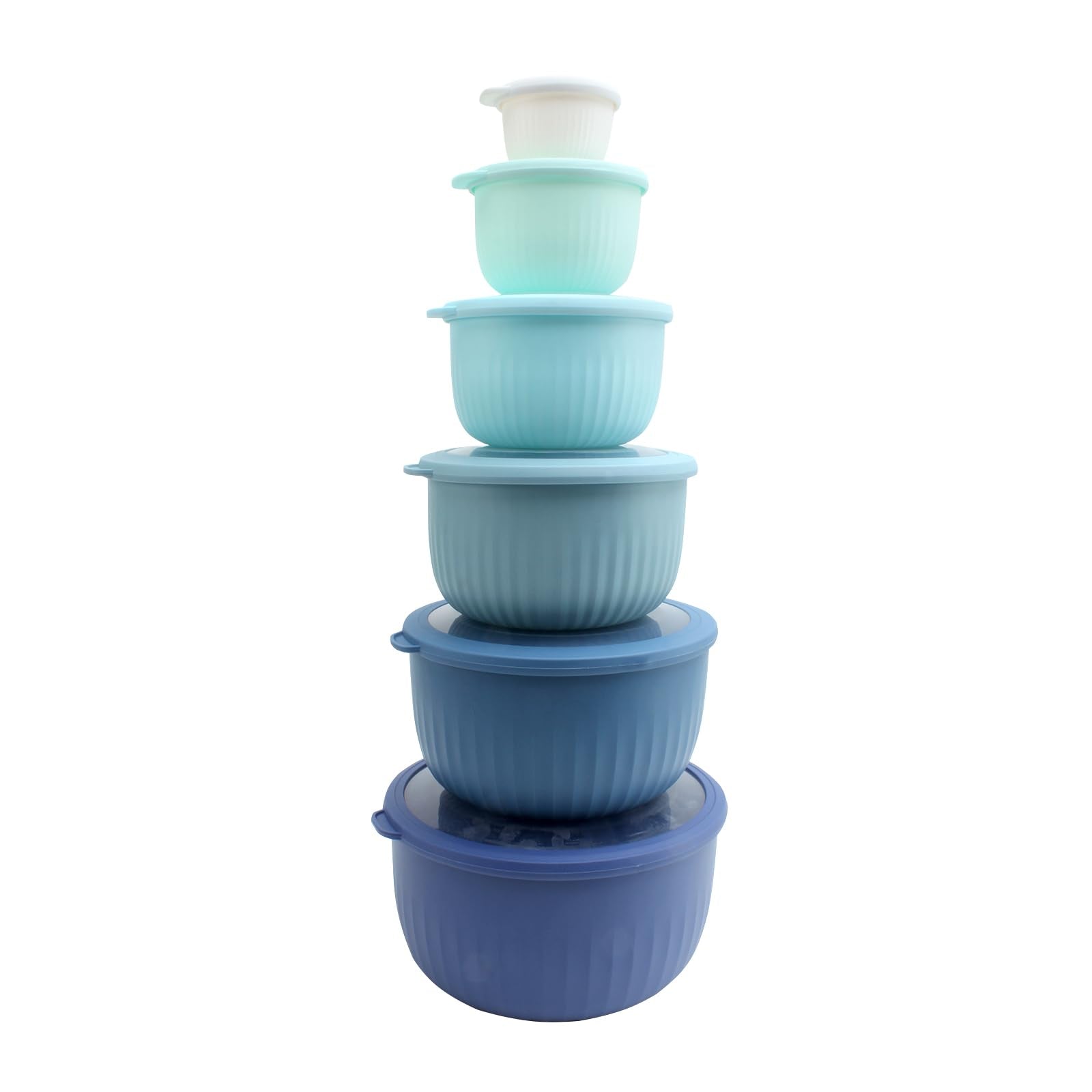 Cook with Color prep bowls with blue lids stacked for efficient nesting.