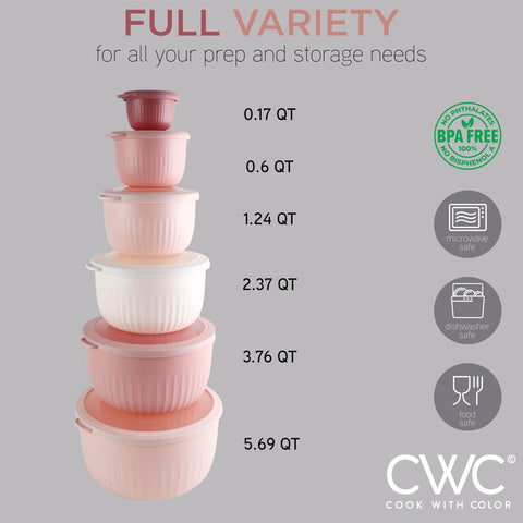 COOK WITH COLOR prep bowls with lids are stacked neatly for fridge organization.