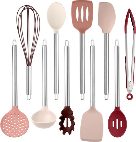 COOK WITH COLOR silicone serving and mixing spoon in rose protects nonstick cookware.