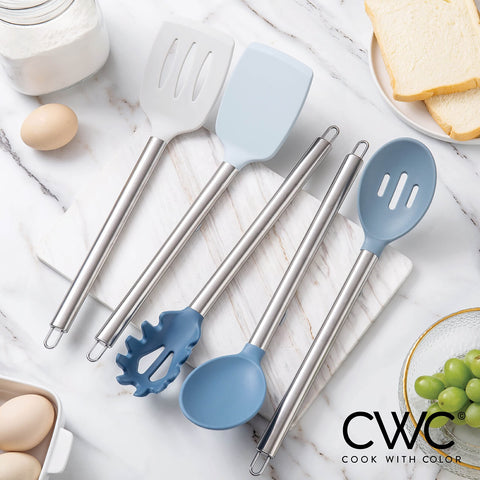 Cook With Color silicone slotted spoon protecting cookware while draining