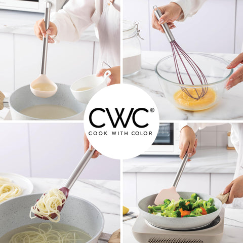 COOK WITH COLOR silicone spaghetti spoon in rose handles pasta easily.