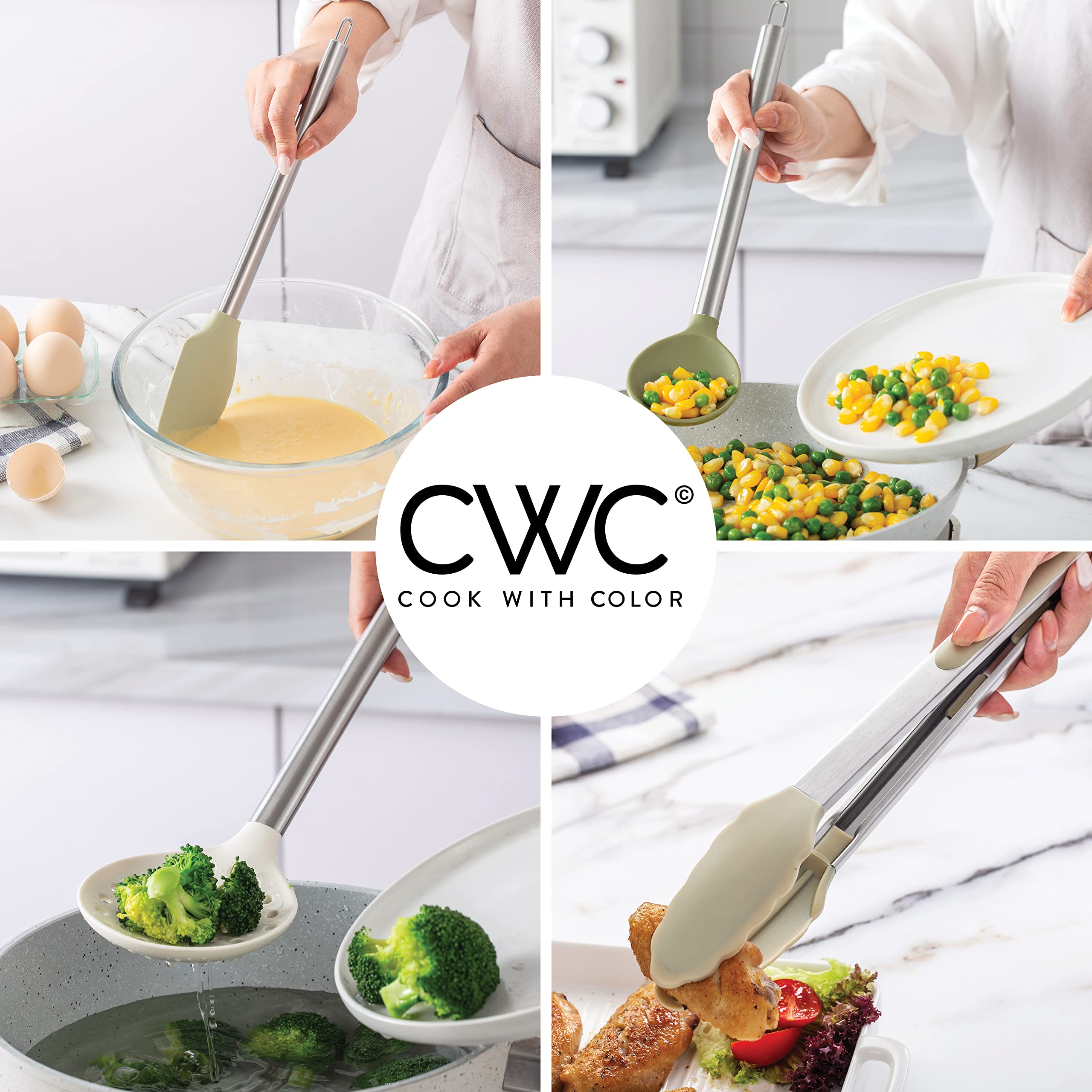Cook With Color green silicone ladle for soups and stews with easy cleaning.