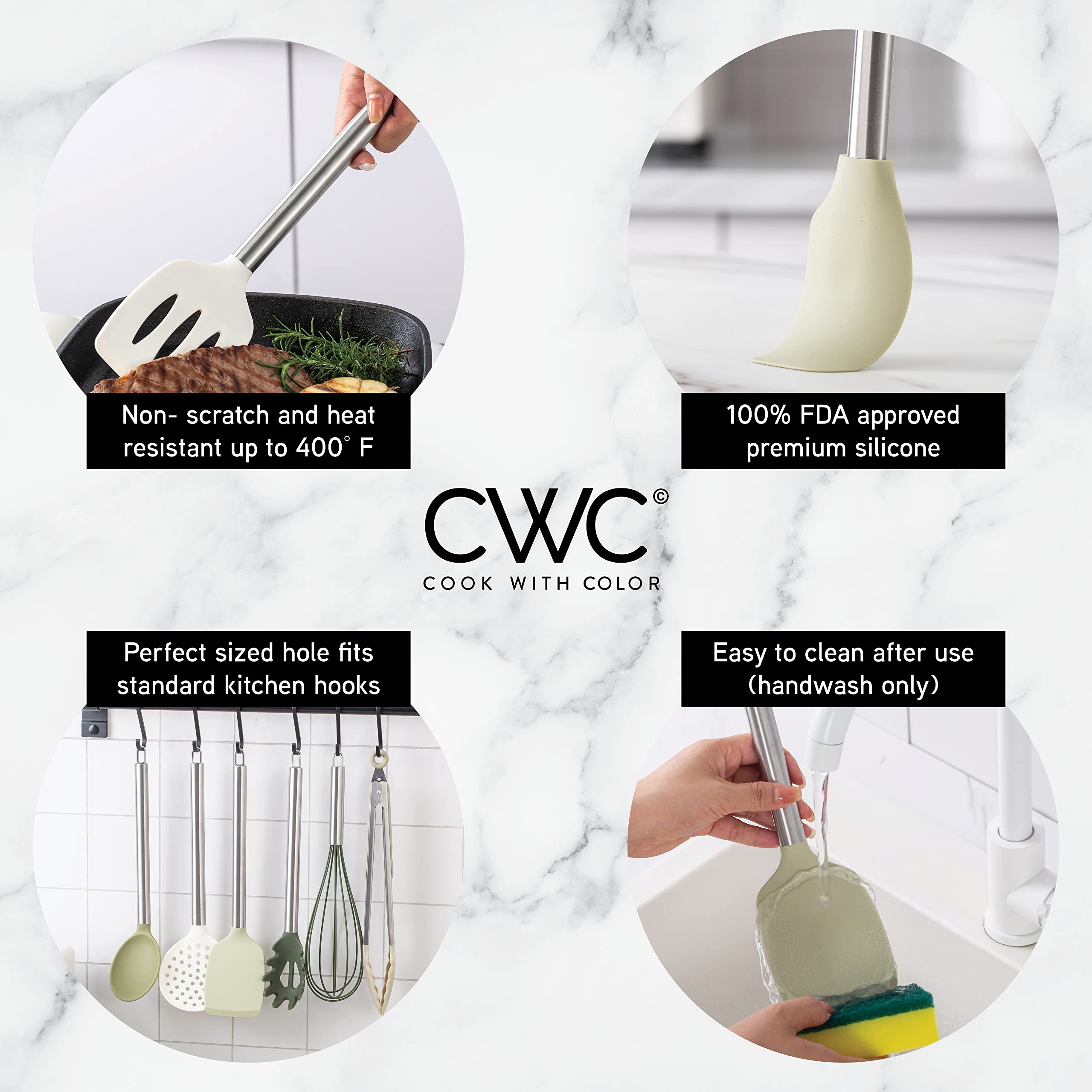 Cook With Color green silicone tongs with rings for convenient storage.