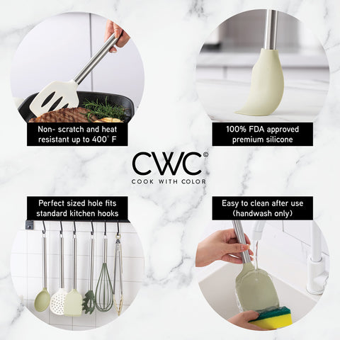 Cook With Color green silicone tongs with rings for convenient storage.
