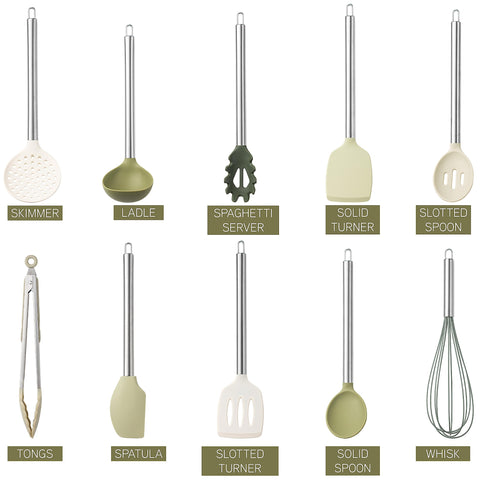 Cook With Color green silicone turner and spatula protect nonstick cookware during cooking.