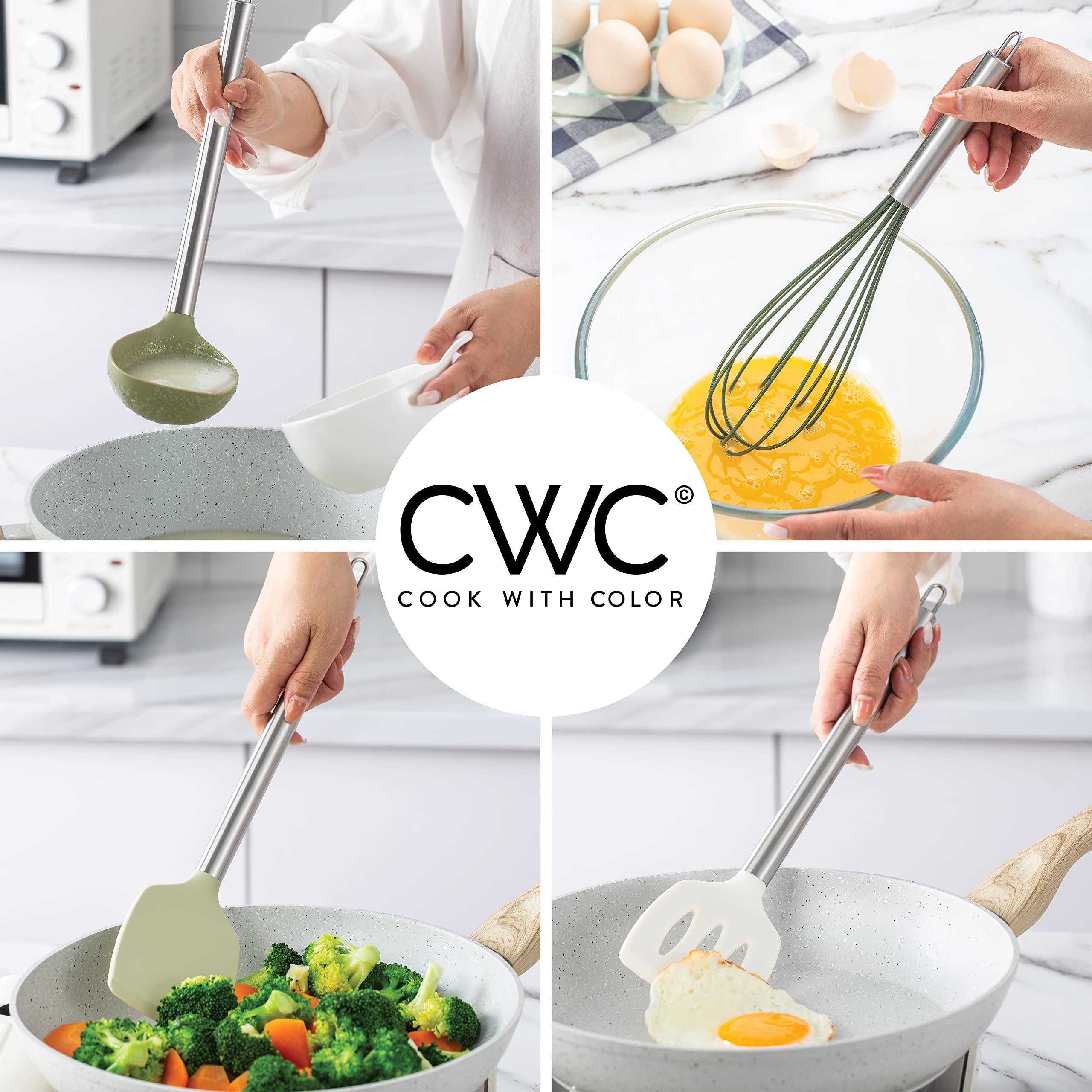 Cook With Color green silicone whisk blends batter smoothly and resists stains.