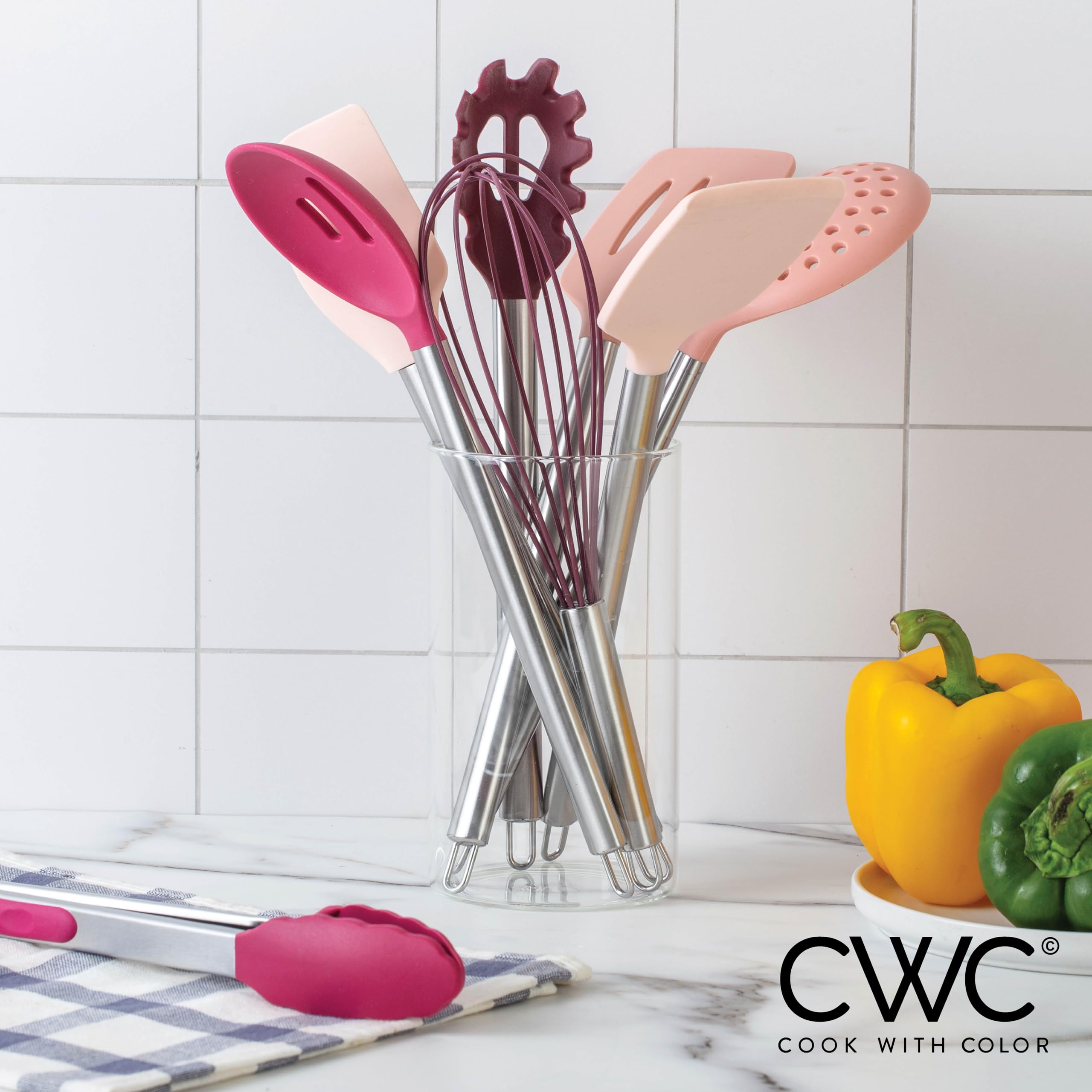 COOK WITH COLOR silicone whisk in rose for smooth mixing.