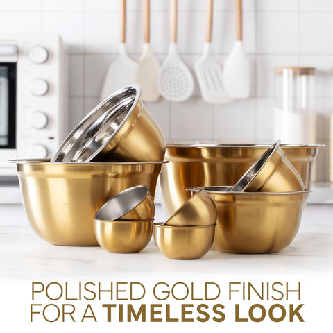 Cook With Color stainless steel bowls with lids for mixing, storing, and serving.