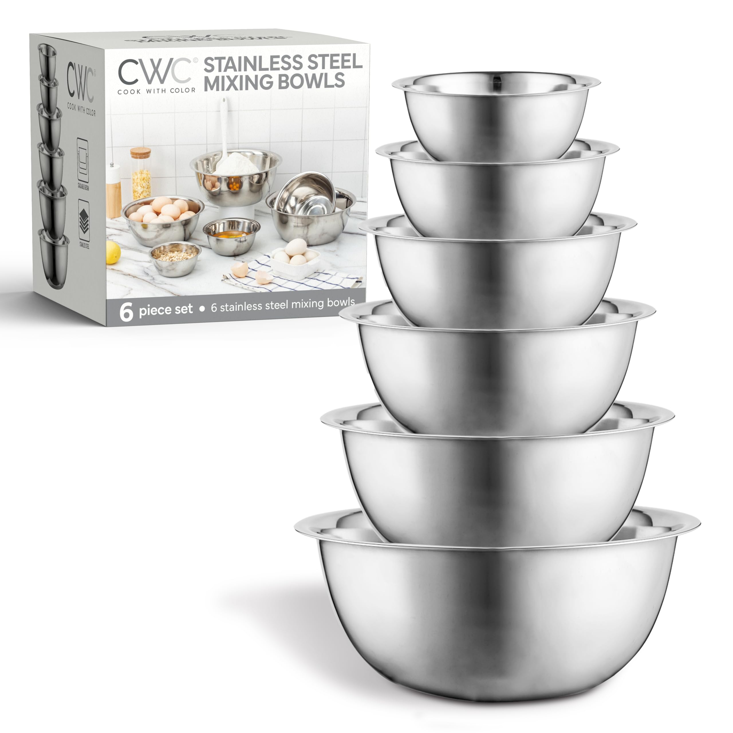 COOK WITH COLOR stainless steel bowls nest together with a flat-bottom for stability.