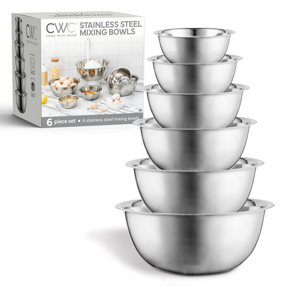 COOK WITH COLOR stainless steel bowls nest together with a flat-bottom for stability.