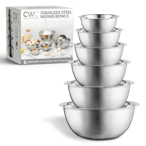 COOK WITH COLOR stainless steel bowls nest together with a flat-bottom for stability.