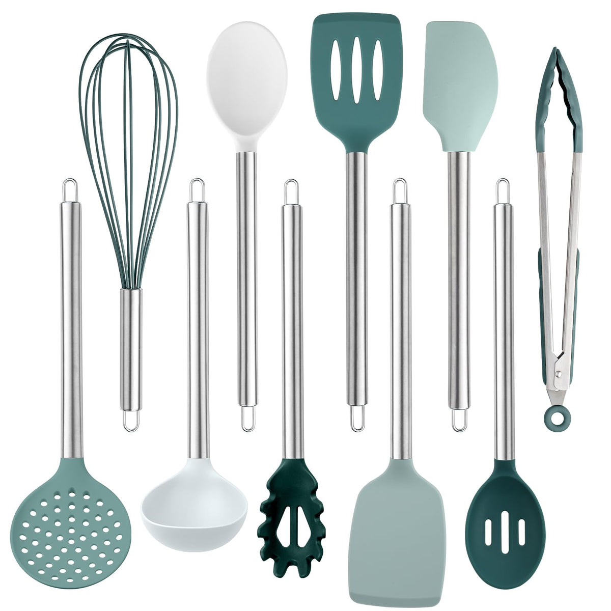 COOK WITH COLOR teal silicone utensils set displayed for easy nonstick cookware protection