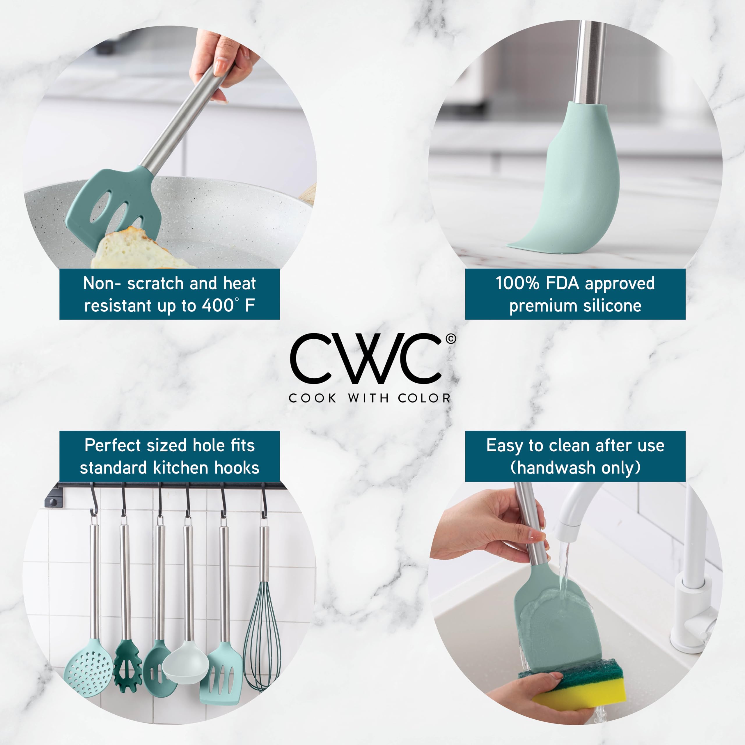 COOK WITH COLOR teal slotted turner aids handling foods with drainage