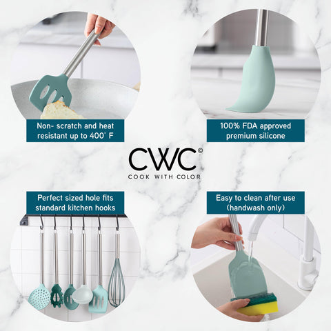 COOK WITH COLOR teal slotted turner aids handling foods with drainage
