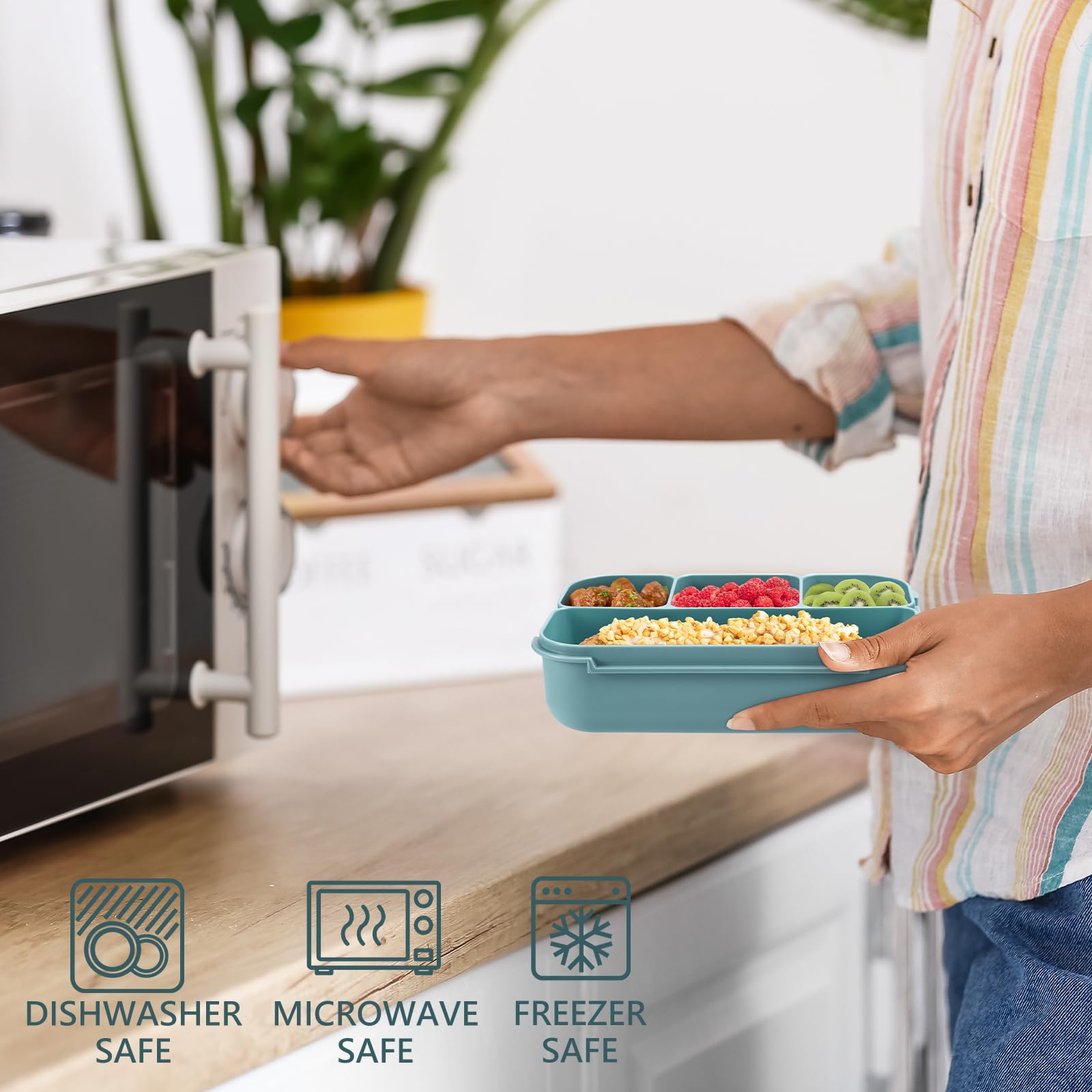 Cookage lunch box is microwave, fridge, and dishwasher safe for easy reuse.